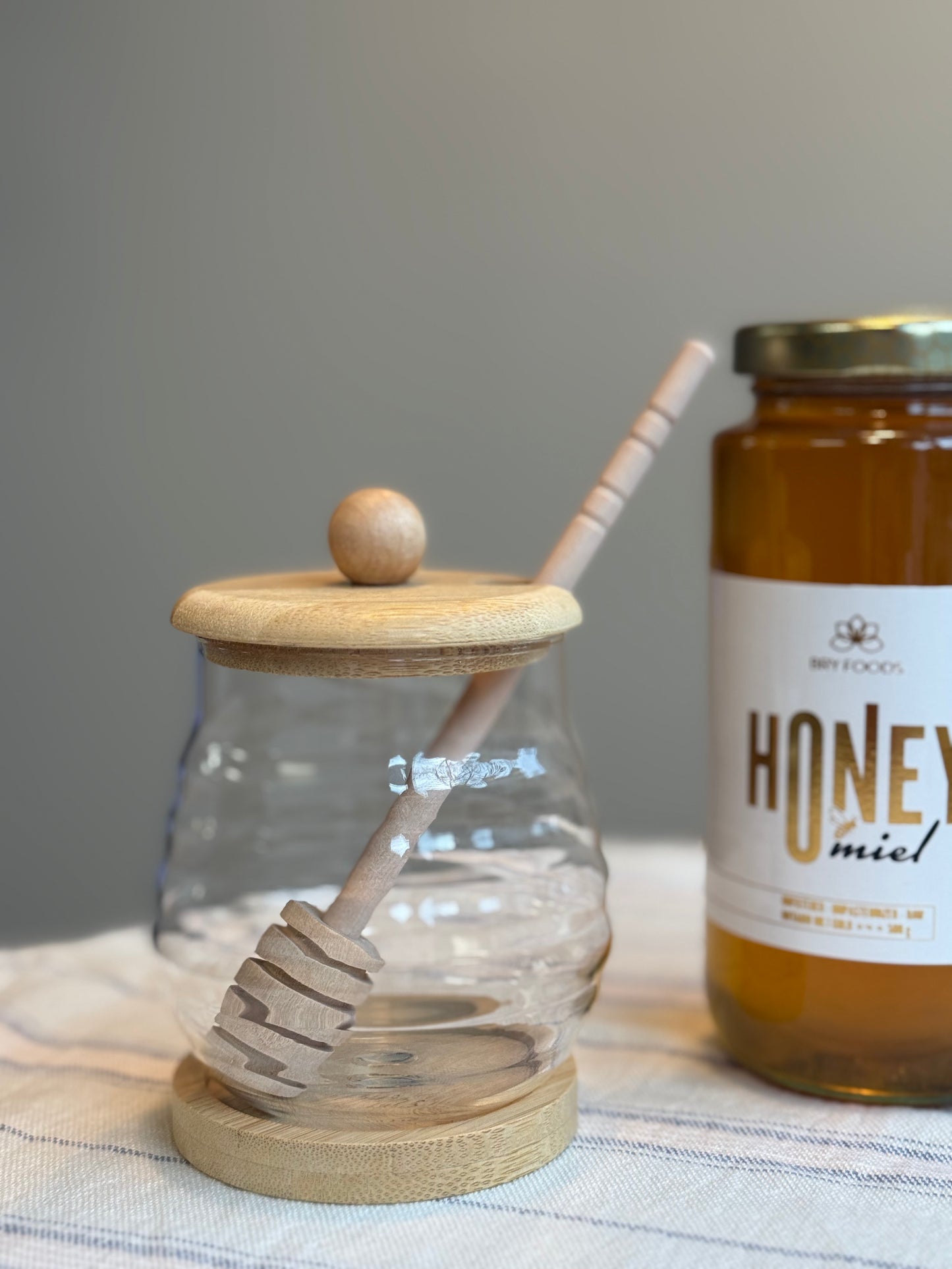Glass Honey Jar with Wooden Lid & Honey Dipper